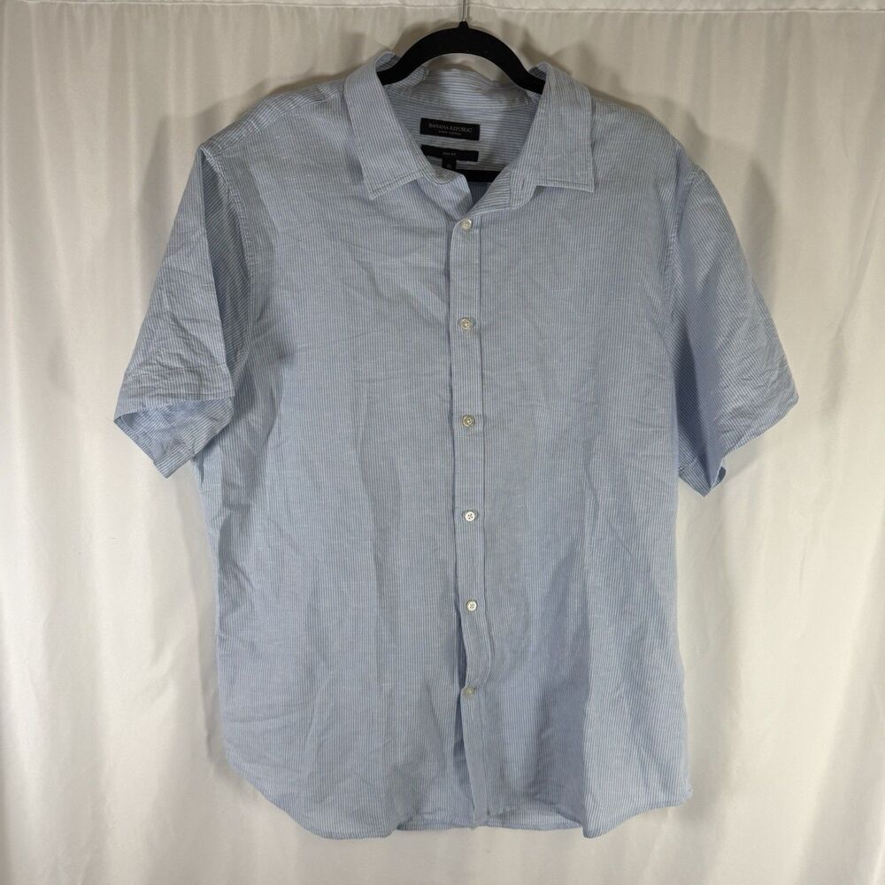 Banana Republic Linen Blend Shirt Men's XL Blue Striped Button Up Short Sleeve